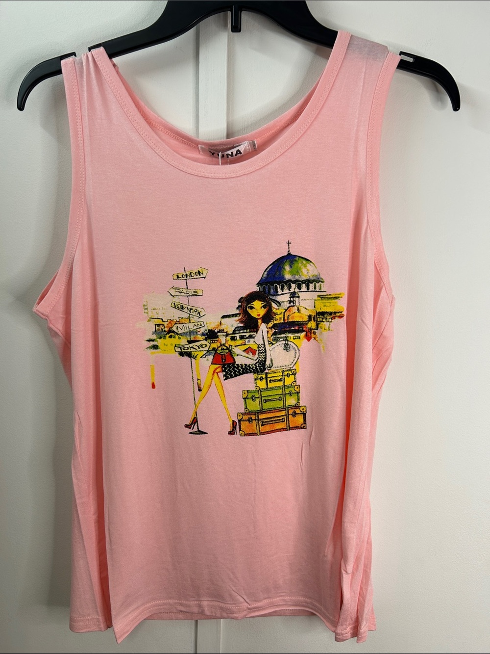 Ina Pink Sleeveless Tank with Travel Graphic